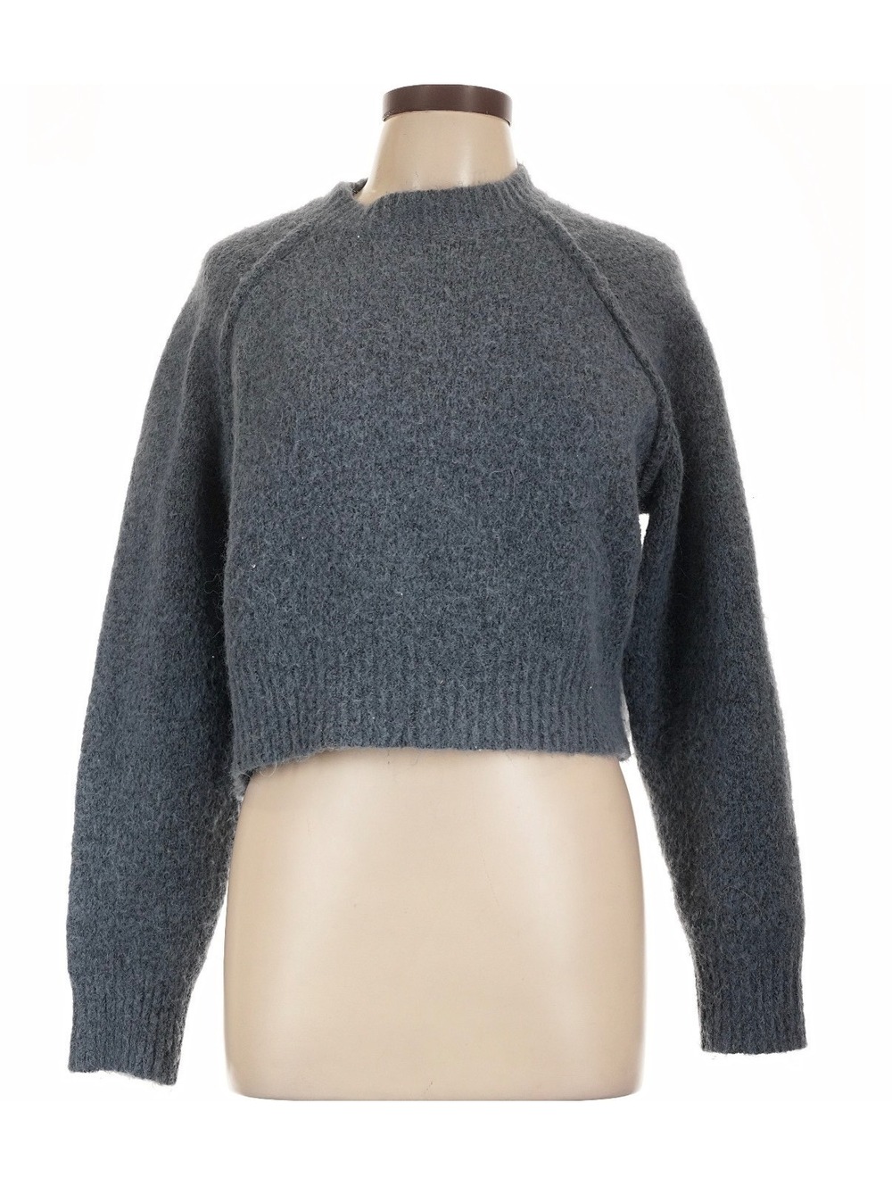 Zara Gray Fuzzy Cropped Crewneck Knit Sweater Size Large